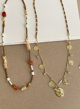 新中式水晶珍珠金币叠戴串珠项链女复古轻奢优雅时尚颈链锁骨链