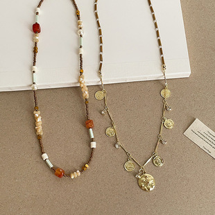 新中式水晶珍珠金币叠戴串珠项链女复古轻奢优雅时尚颈链锁骨链