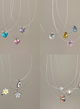 极简风水晶锆石珍珠吊坠鱼线项链