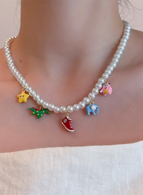 彩色星星小恐龙小象鞋子吊坠项链女夏日少女感珍珠锁骨链颈链配饰
