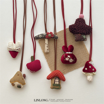 韩国新款彩色布艺充棉蘑菇项链