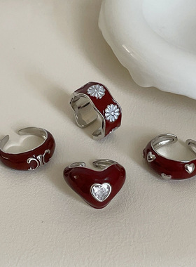 高级感几何滴油红色爱心戒指女轻奢个性小众时尚潮流百搭指环戒子