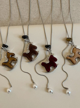 抽拉木马珍珠天然石项链女轻奢独特时尚潮流气质百搭颈链毛衣链