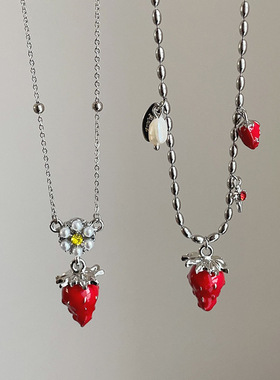 轻奢复古红色滴油草莓珍珠吊坠项链女气质时尚潮流百搭颈链毛衣链