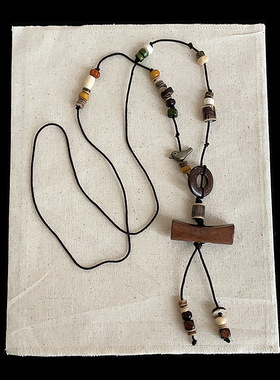 复古天然石串珠木质吊坠棉绳项链女民族风个性独特时尚颈链毛衣链