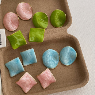 夸张几何不规则圆形凹凸感蓝色滴油耳钉时髦高级褶皱圆片耳环耳饰