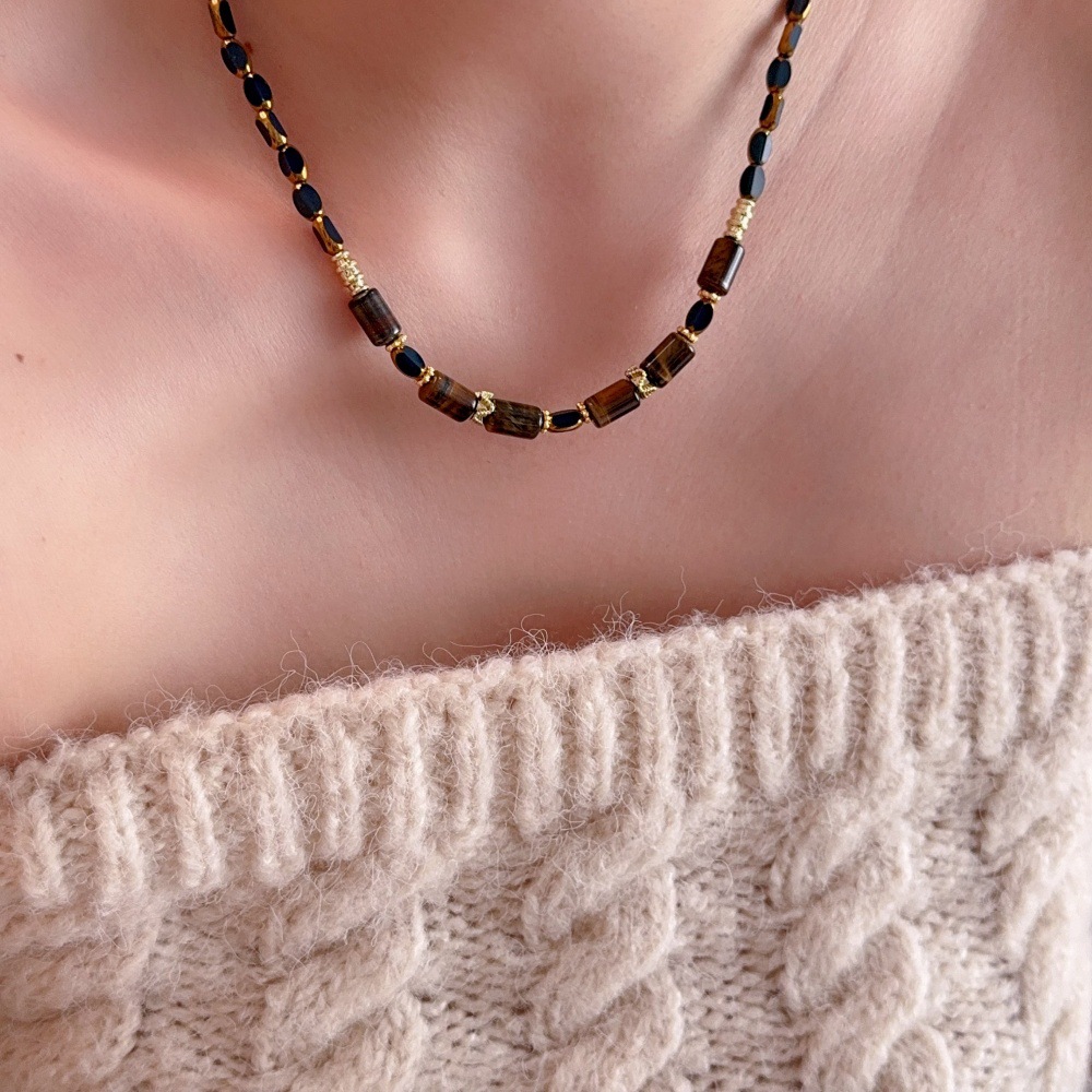 秋冬美拉德圆柱串珠虎眼石项链女复古气质毛衣链轻奢高级感配饰品