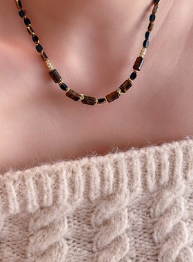 秋冬美拉德圆柱串珠虎眼石项链女复古气质毛衣链轻奢高级感配饰品