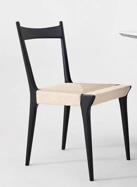 设计师中古复古侘寂风实木高级感藤绳编餐椅家用民宿靠背黑色椅子