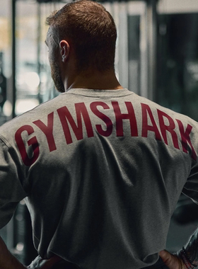 辉产2025新 GYMSHARK POWER鲨鱼爆裂字母运动弹力宽松短袖t恤男