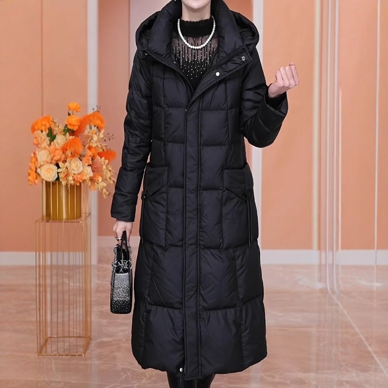2025秋冬新千仞 岗上中长款羽绒服女黑色加厚保暖连帽白鸭绒外套
