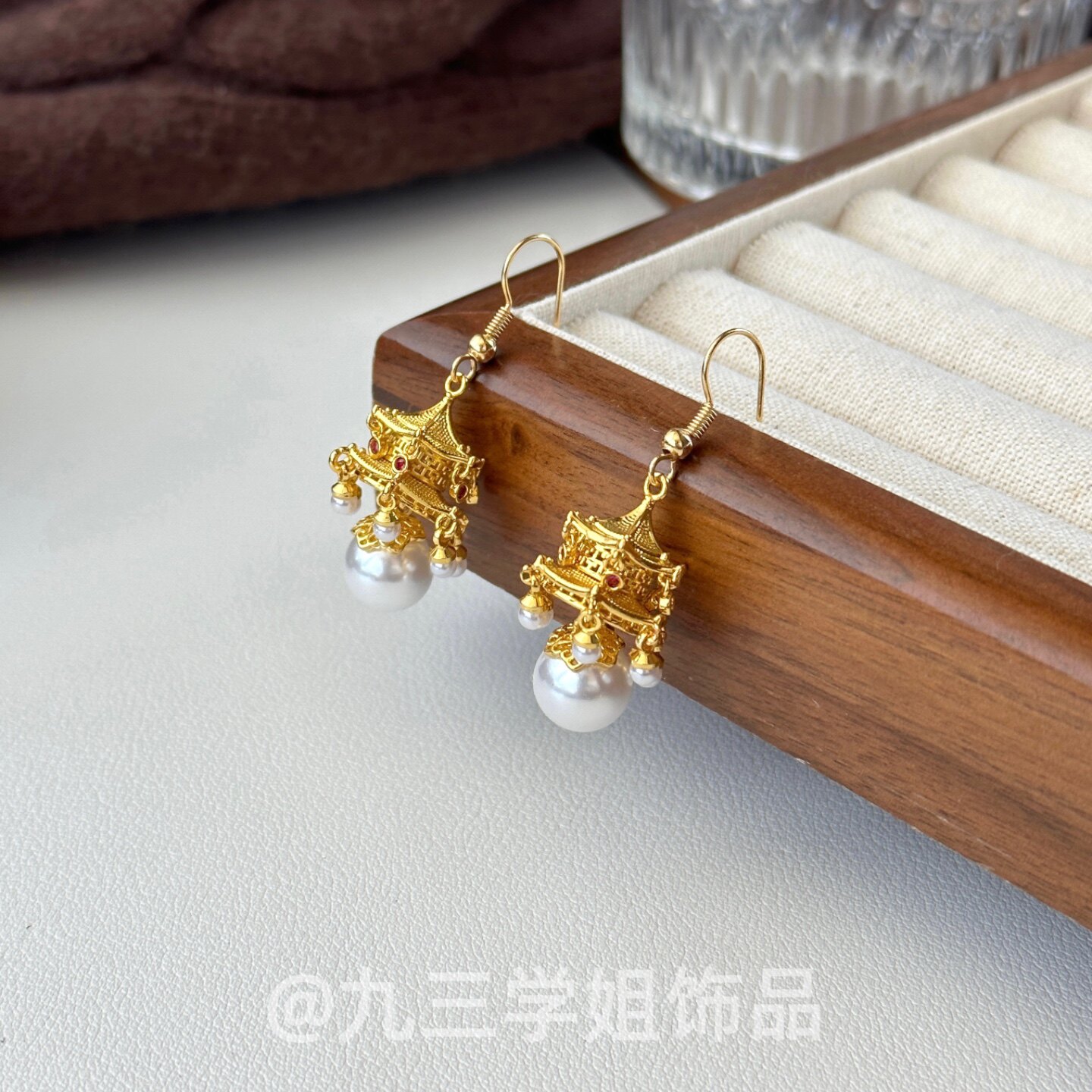 新中式国风赵露思同款六角楼阁珍珠耳坠耳环小众轻奢复古气质耳饰