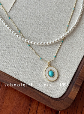 绿松石吊坠项链叠戴水晶珍珠