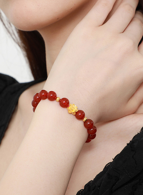 黄金镶玉手串女3D硬金莲花红天然绿玉髓手链转运珠送女友妈妈礼物