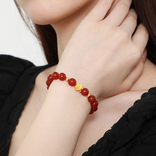 黄金镶玉手串女3D硬金莲花红天然绿玉髓手链转运珠送女友妈妈礼物