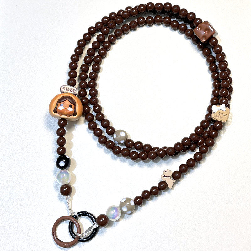 泡泡玛特萌粒哭娃烤面包棕纯色串珠长款手机链条斜挎可背挂绳脖挂