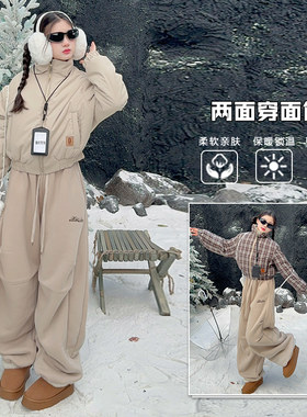 美式复古两面穿短款立领棉服外套女童2025冬季新款百搭面包服棉袄