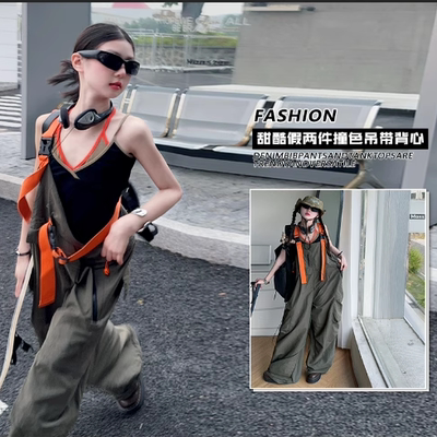 美式重工工装背带裤女童2025年夏季新款慵懒松弛感休闲连体裤套装