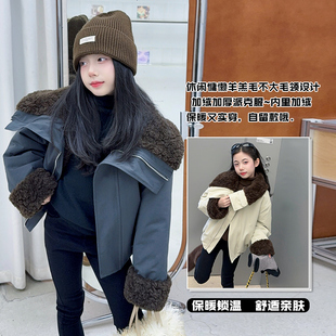 女童2025冬装新款大翻领羊羔毛派克服棉衣中大童短款外套上衣
