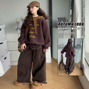 韩系加绒豹纹裤子女童2025冬装新款洋气休闲裤直筒儿童工装裤