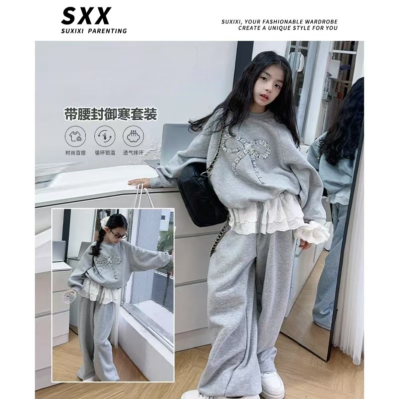 女童2025春秋新款时尚蝴蝶结卫衣+假两件休闲裤圆领套头休闲套装