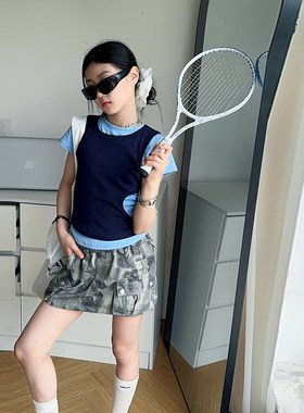 设计感撞色叠穿T恤背心三件套女童2025年夏季新款迷彩半身裙套装