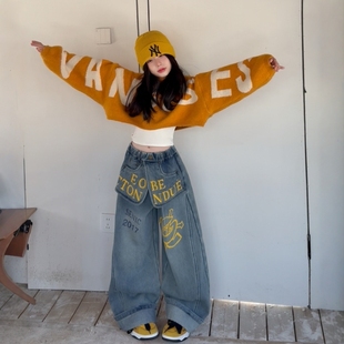 女童2025新款加绒双腰牛仔裤子美式字母针织毛衣打底衫三件套装潮