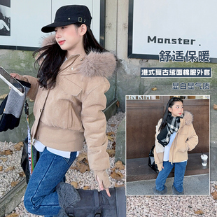 复古棕色毛领连帽绒面外套女童冬季新款加厚保暖夹克修身气质上衣