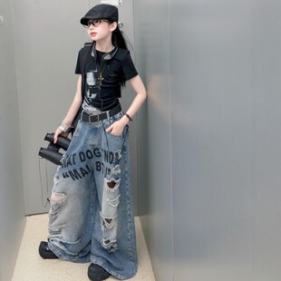 美式复古字母破洞牛仔裤女童2026夏季新款宽松阔脚裤休闲长裤薄