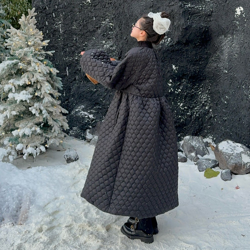 女童夹棉加厚菱格连衣裙冬季洋气时髦收腰长款裙子宽松棉衣外套