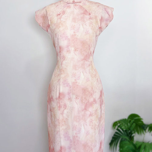 （海棠短款115cm）夏季新款旗袍减龄少女日常款薄款粉色旗袍长裙