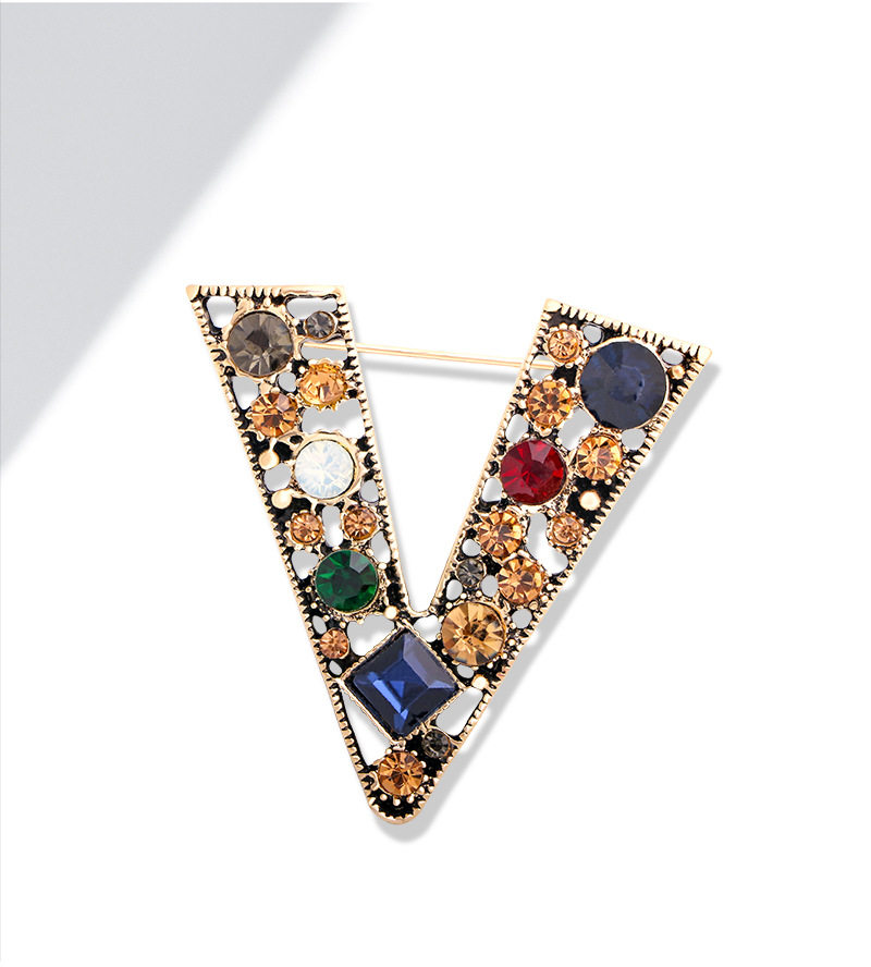 레트로 다이아몬드 박힌 다채로운 V 편지 브로치 네크 라인 노출 방지 핀 남성과 여성의 기질 정장 코사지 액세서리 칼라 핀