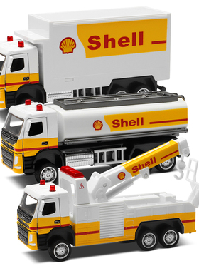 彩珀成真1:72 CCA壳牌合金工程货柜油罐救援车模型回力儿童玩具男