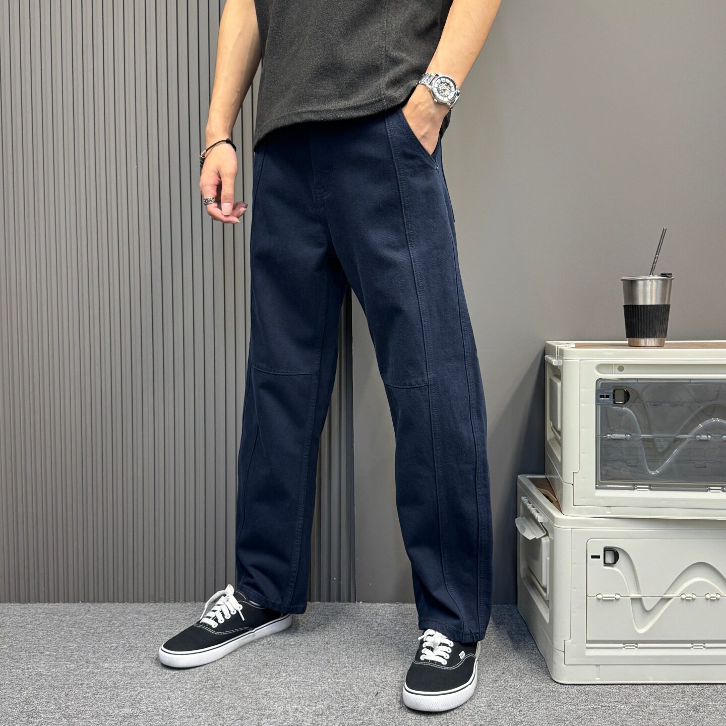 日系纯色分割工装牛仔裤 立体拼接松弛宽松直筒休闲长裤男女同款