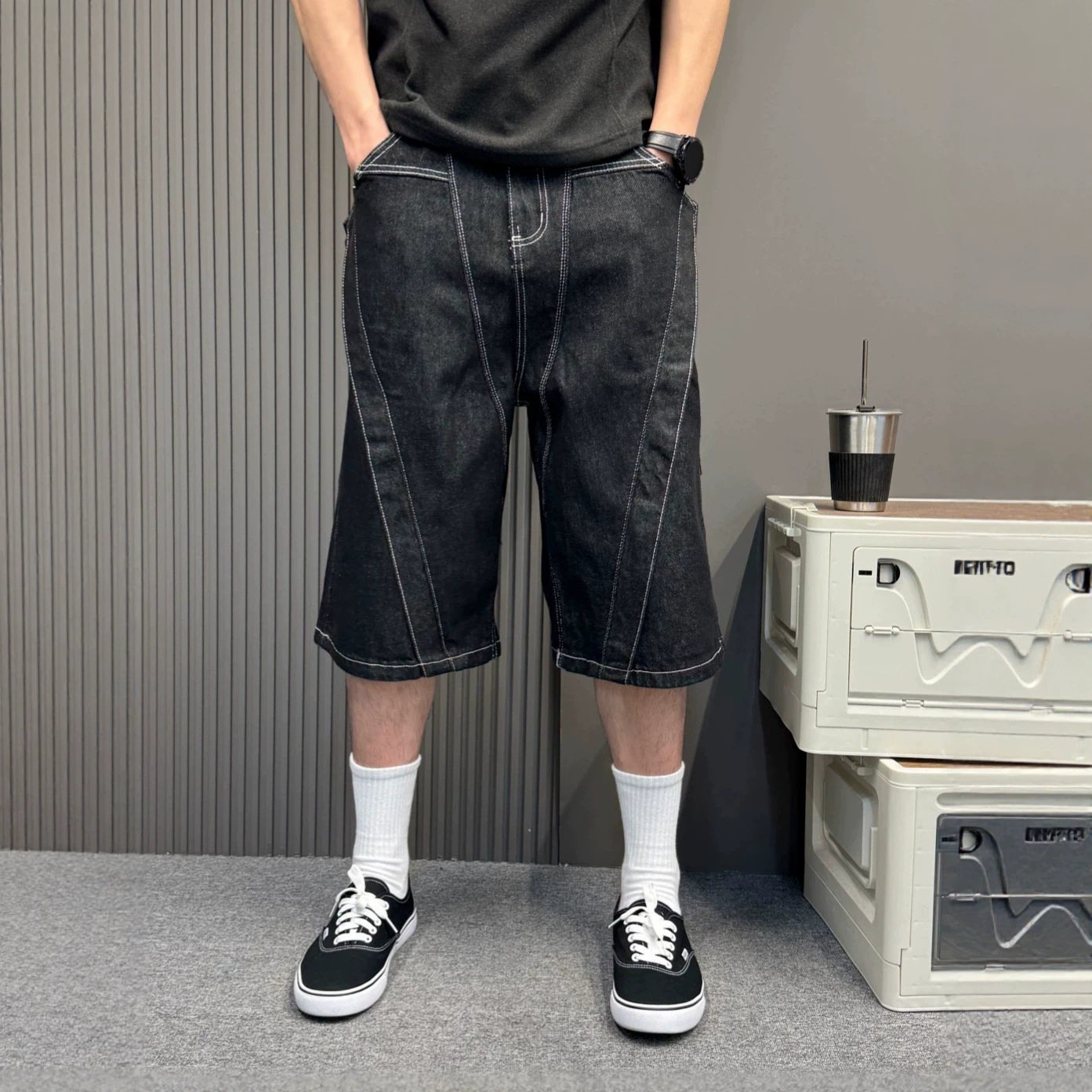 高街解构黑色牛仔中裤立体剪裁明线宽松阔腿七分裤男士潮牌直筒裤