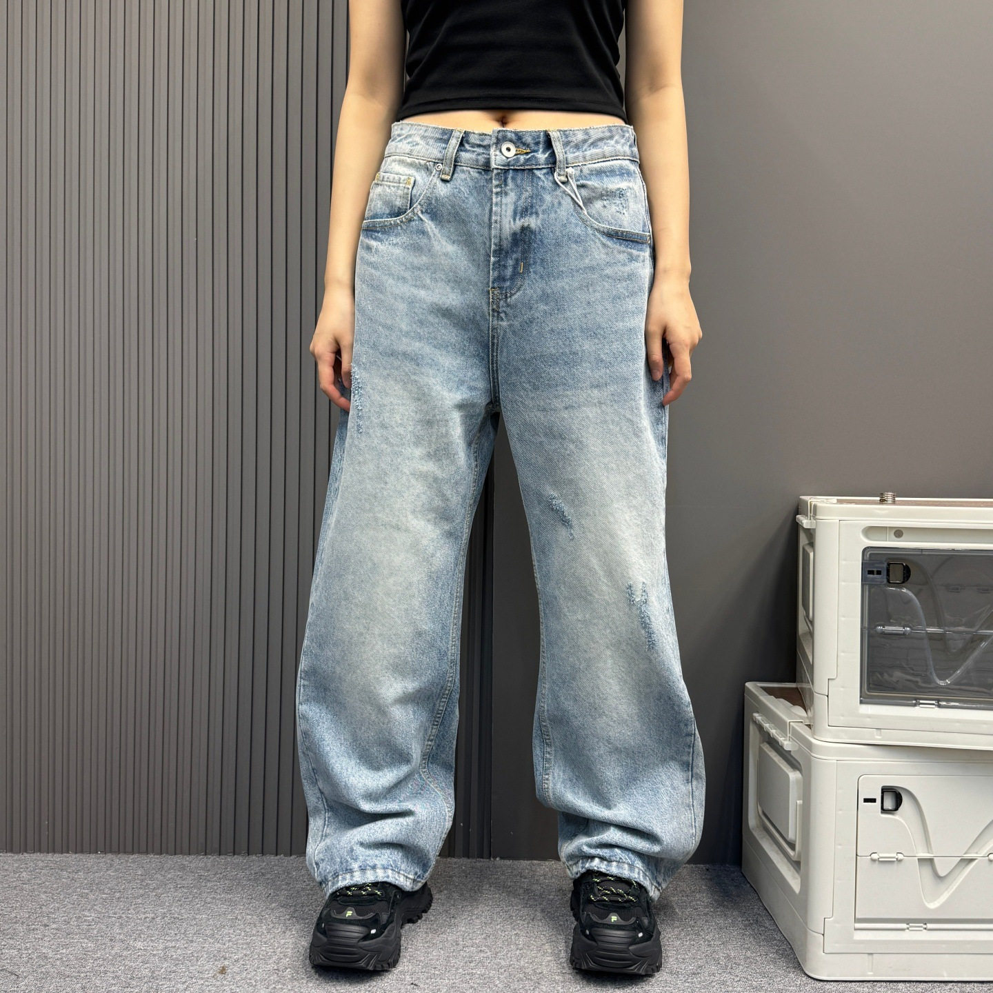美式手工磨毛水洗牛仔裤男女款夏季潮牌复古宽松阔腿裤子高街长裤