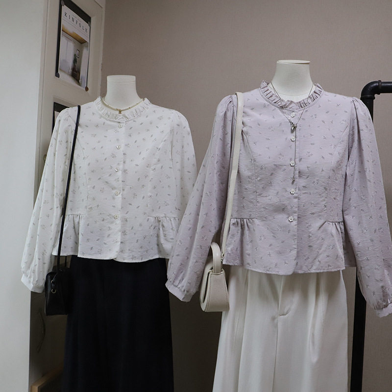 [比正]2026春季新品韩系木耳领碎花减龄显瘦短款长袖衬衫女6021