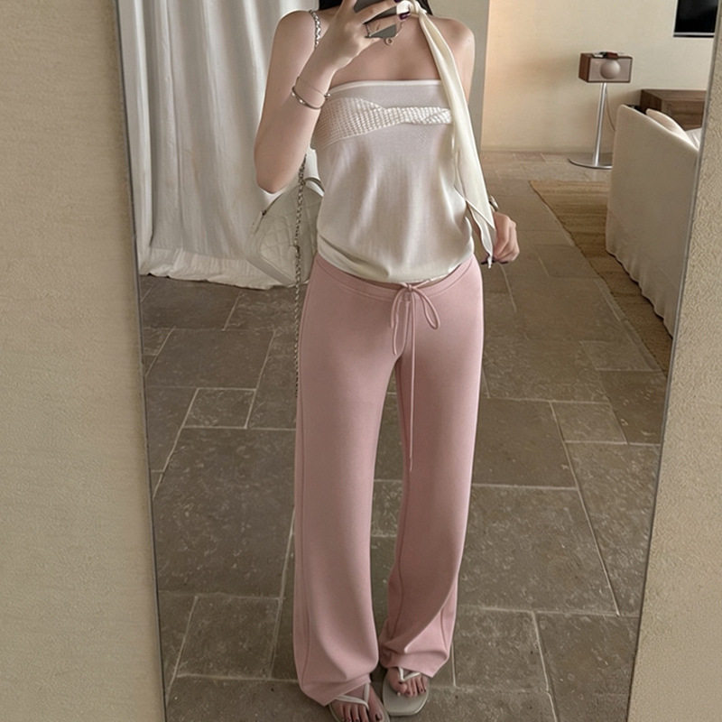 粉色慕斯云感休闲裤女2026夏季新款高腰显瘦垂感宽松阔腿微喇裤子