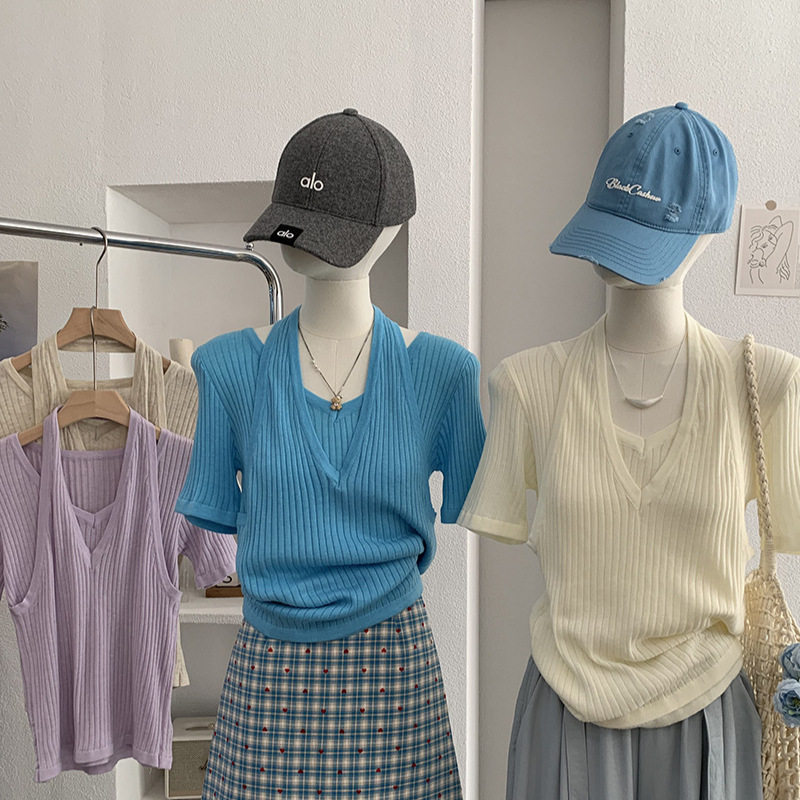 欧玛莱 假两件挂脖针织衫女2026春季新款纯欲风纯色短袖上衣 6652