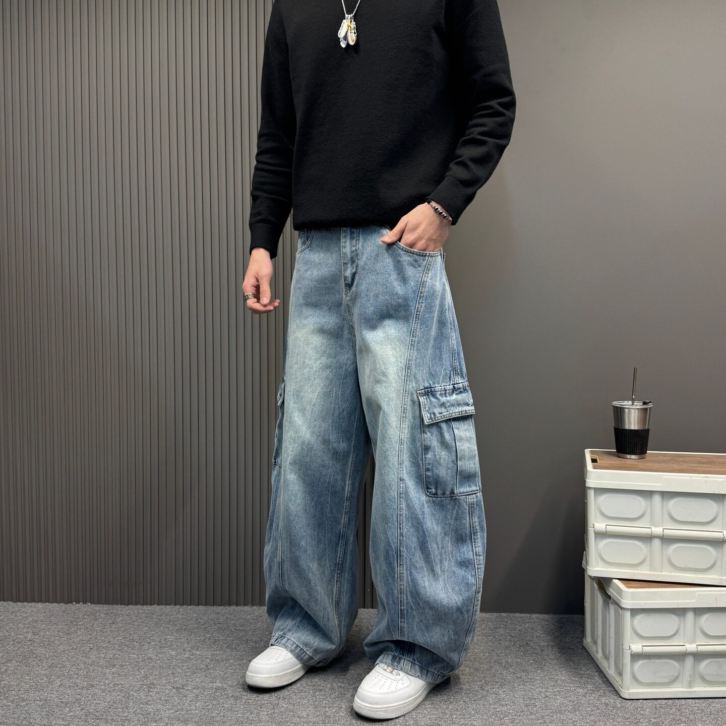 2026新款复古水洗弯刀工装牛仔裤男女美式宽松休闲阔腿baggy裤子