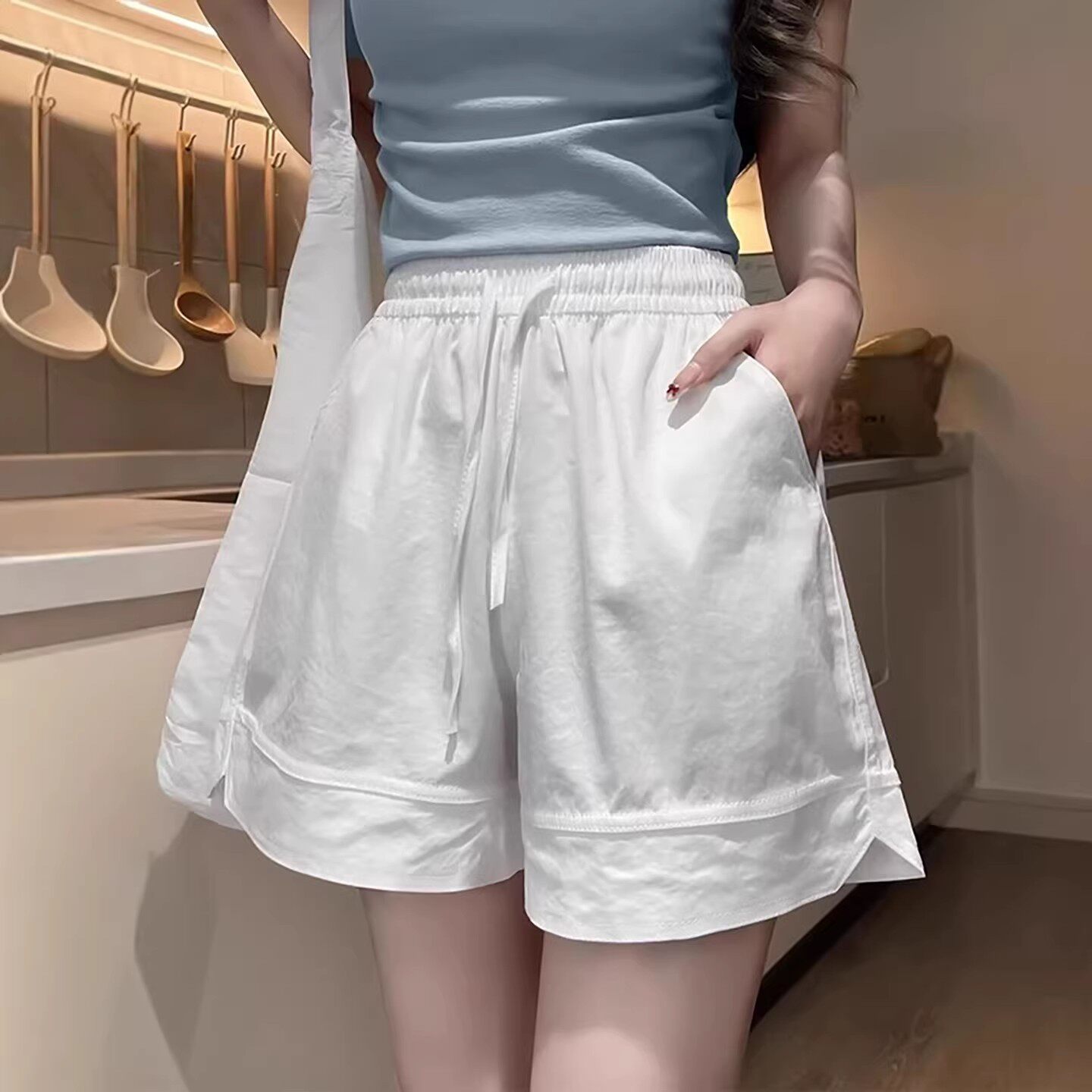 白色冰丝速干短裤女款2026新款夏外穿高腰宽松大码胖mm五分运动裤