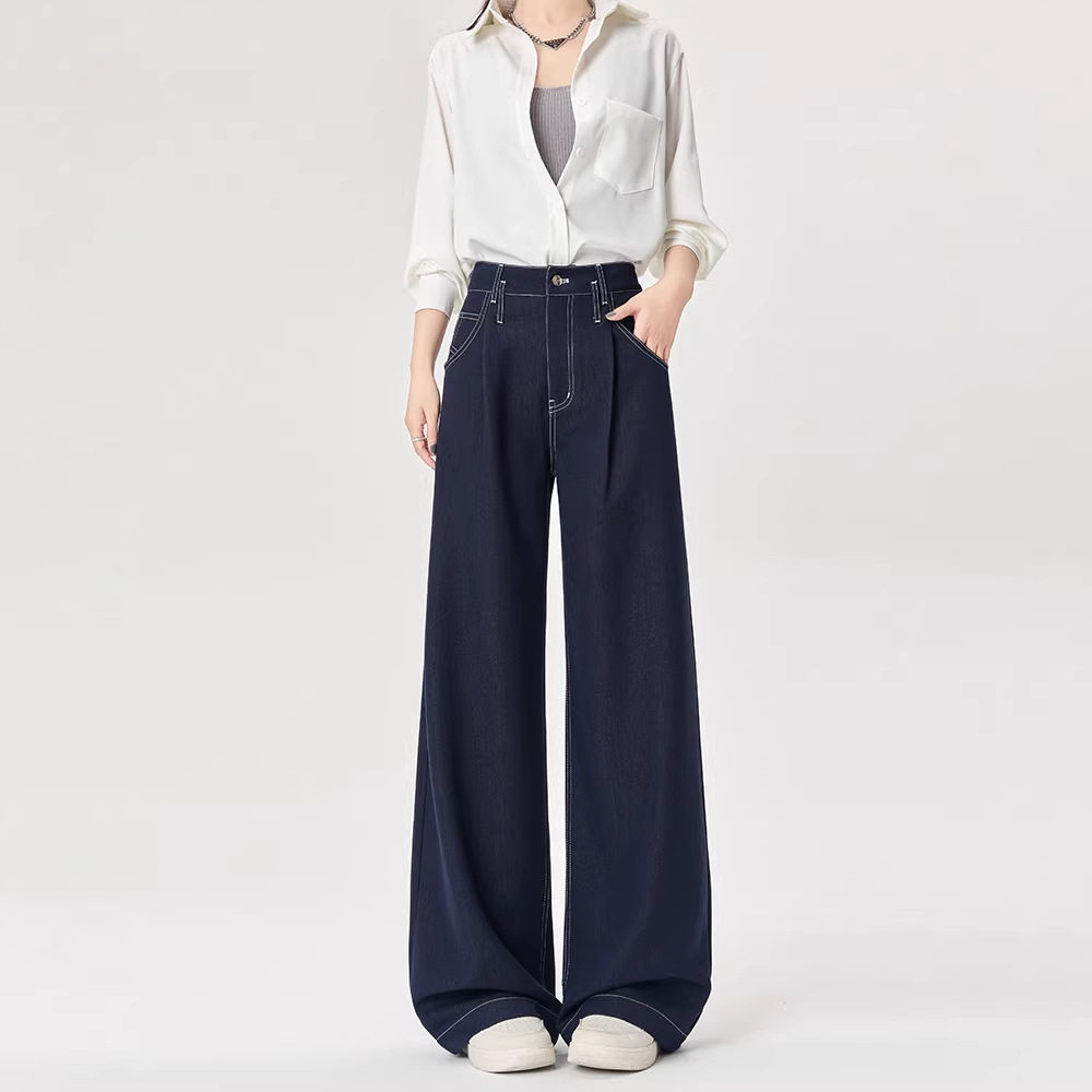 深蓝色仿天丝牛仔裤女春秋夏季2026新款高腰直筒阔腿宽松加长裤子