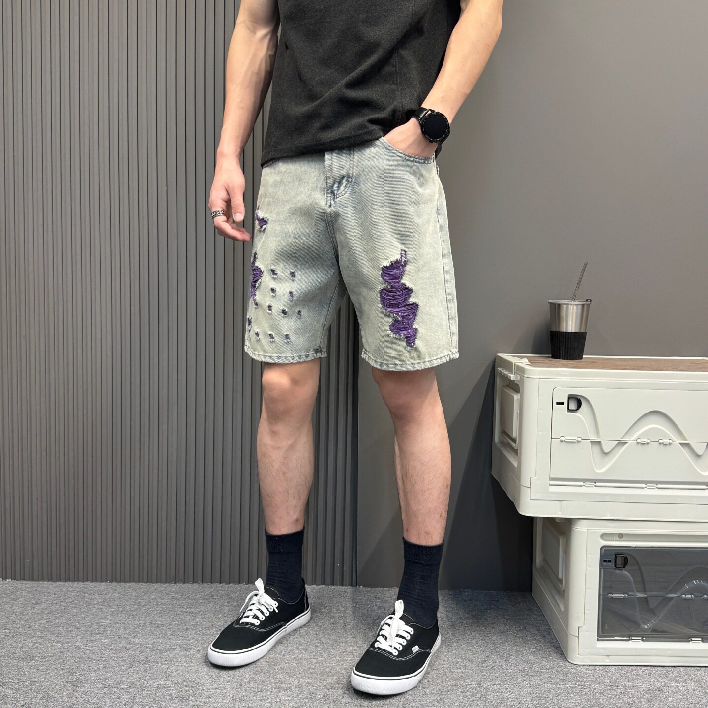 美式复古紫色破洞牛仔短裤男士夏季五分裤水洗做旧帅气直筒短裤潮