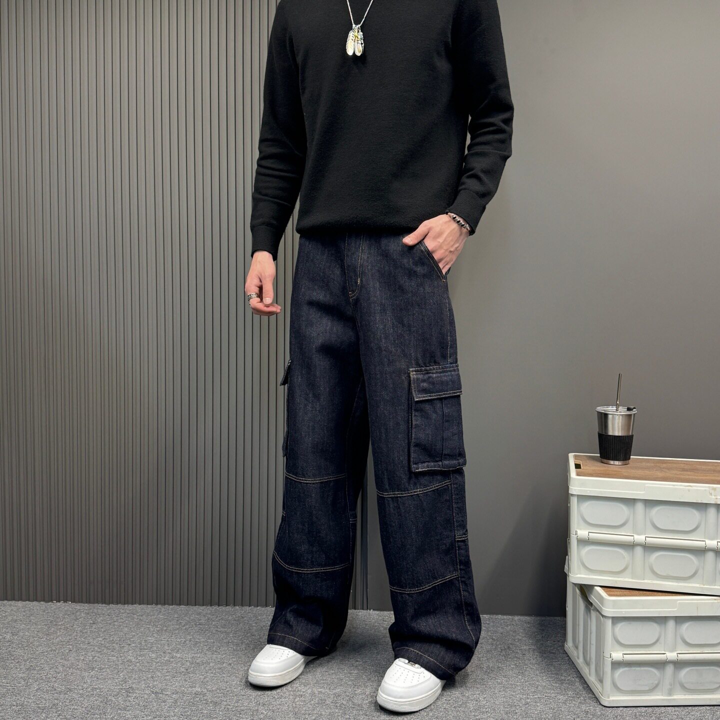 直筒原色多口袋工装裤2025春秋新款阔腿百搭美式复古宽松牛仔裤男