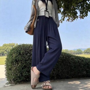 藏青色亚麻裤子女夏季2026新款垂感宽松小个子慵懒棉麻冰丝阔腿裤