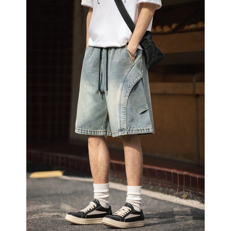活页分割打褶设计牛仔短裤男夏季新款复古水洗美式宽松休闲五分裤