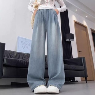 天丝牛仔裤女夏季薄款直筒宽松大码胖mm松紧腰小个子冰丝阔腿裤子