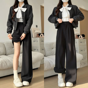 黑色加绒西装裤女秋冬季加厚高级感西裤胖mm大码休闲直筒阔腿裤子