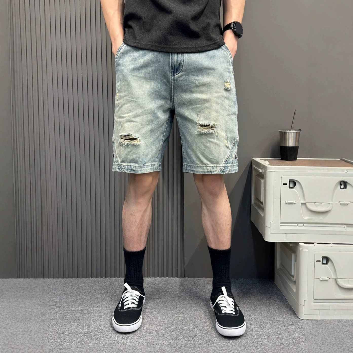 复古做旧破洞牛仔短裤男夏季宽松五分裤黄泥水洗潮牌休闲直筒中裤