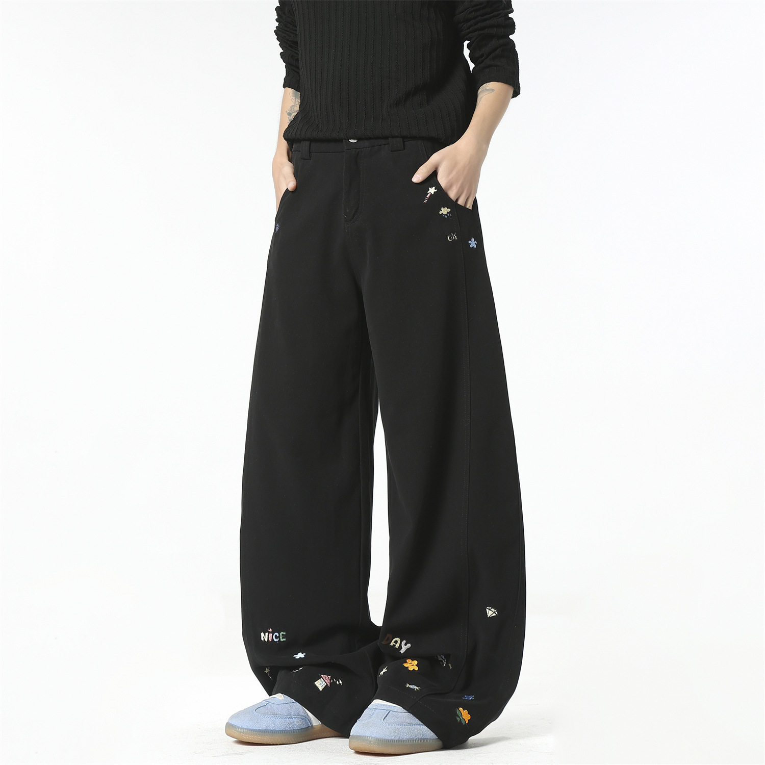 黑色弯刀牛仔裤男美式复古cleanfit裤子垂感高级感宽松阔腿直筒裤